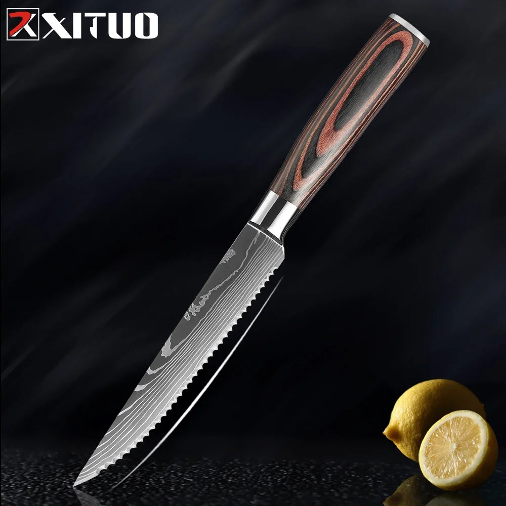 Cuchillo con patrón damasco y mango de madera de colores – vista 21