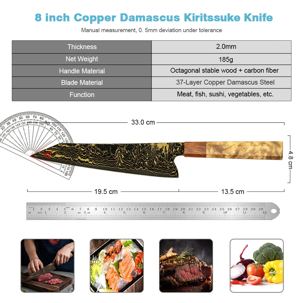 Cuchillo kiritsuke de damasco forjado 37 capas con mango de madera – vista 2
