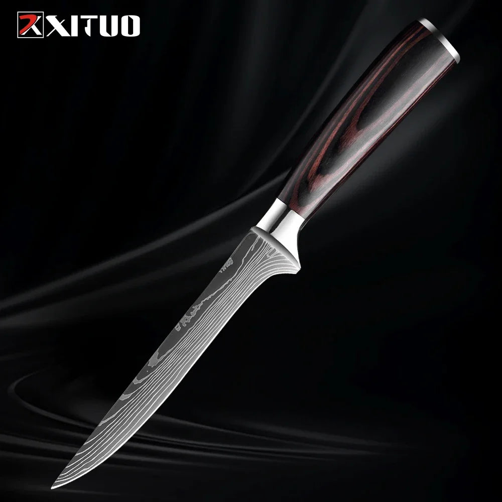 Cuchillo con patrón damasco y mango de madera de colores – vista 7