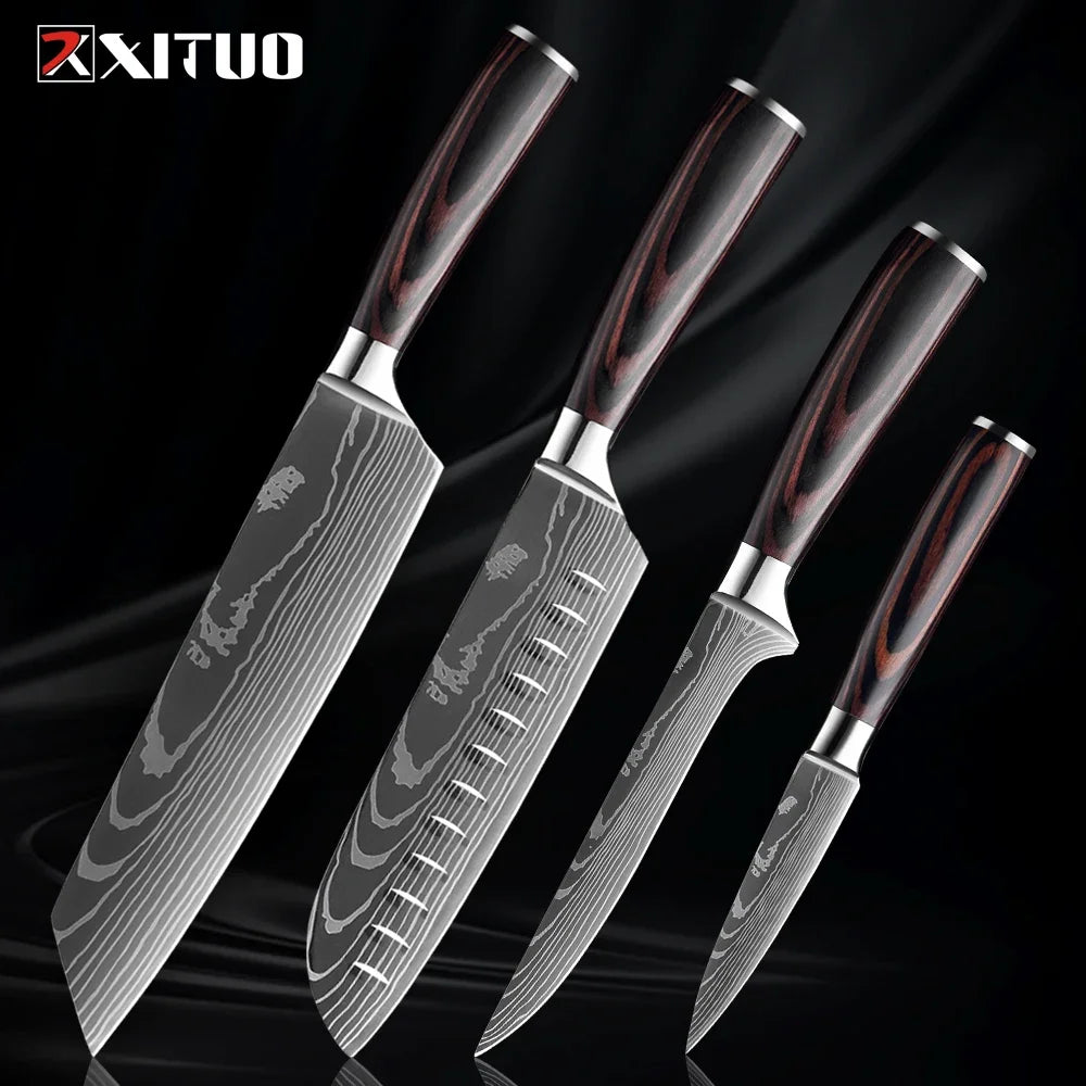 Cuchillo con patrón damasco y mango de madera de colores – vista 9
