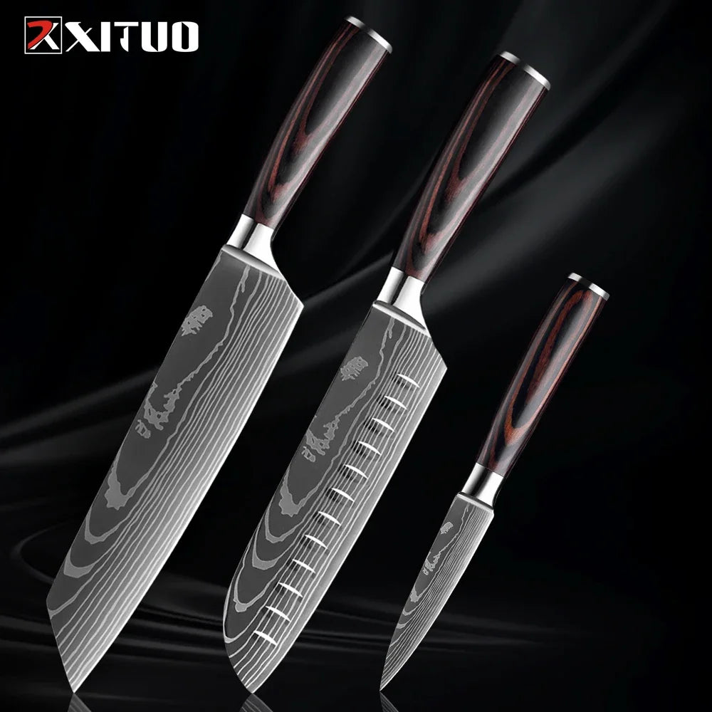 Cuchillo con patrón damasco y mango de madera de colores – vista 19