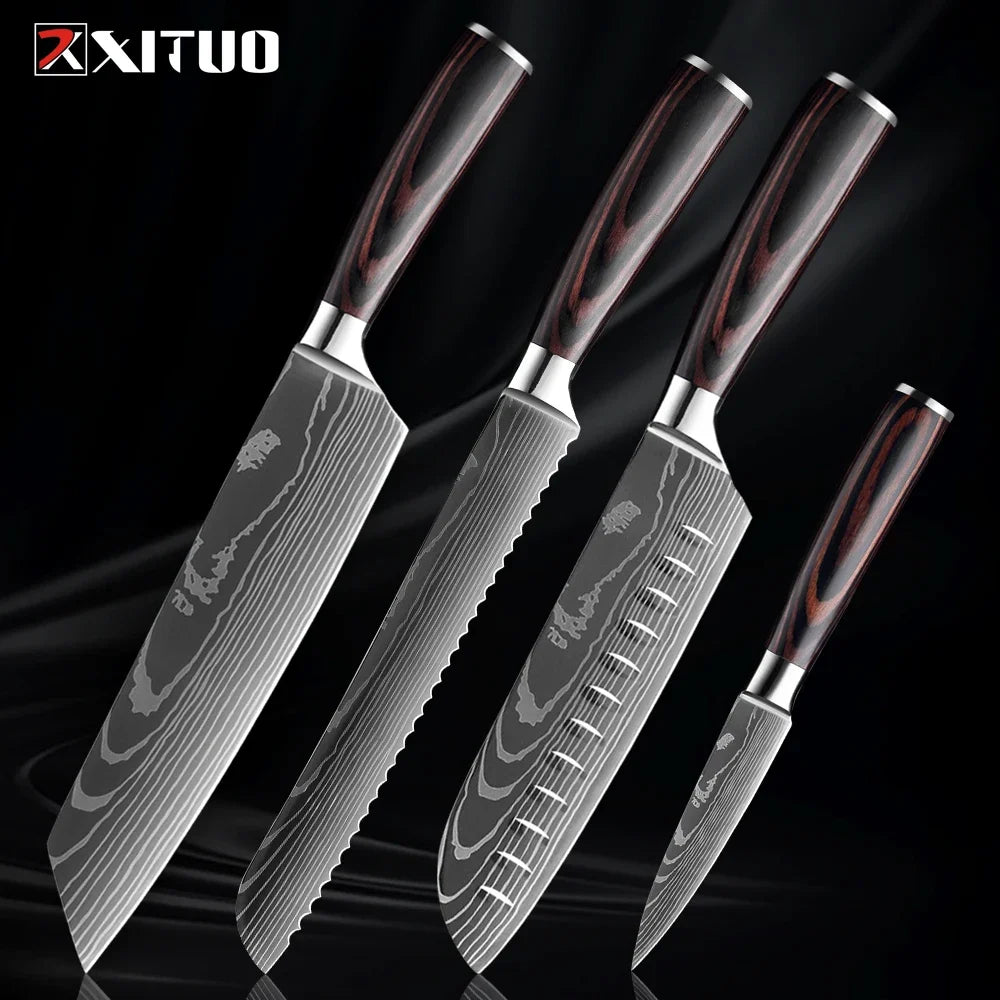 Cuchillo con patrón damasco y mango de madera de colores – vista 24