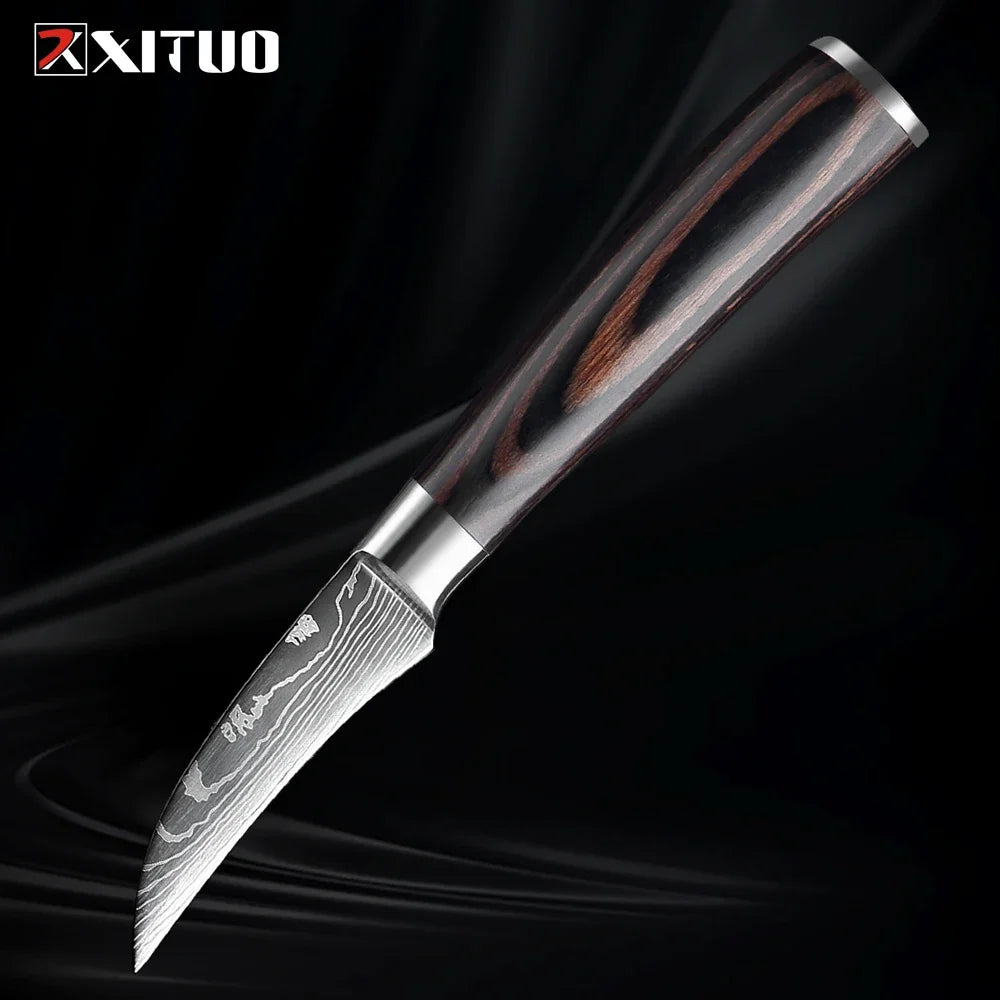 Cuchillo con patrón damasco y mango de madera de colores – vista 11