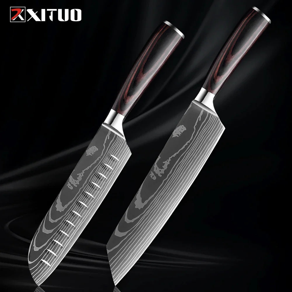 Cuchillo con patrón damasco y mango de madera de colores – vista 17
