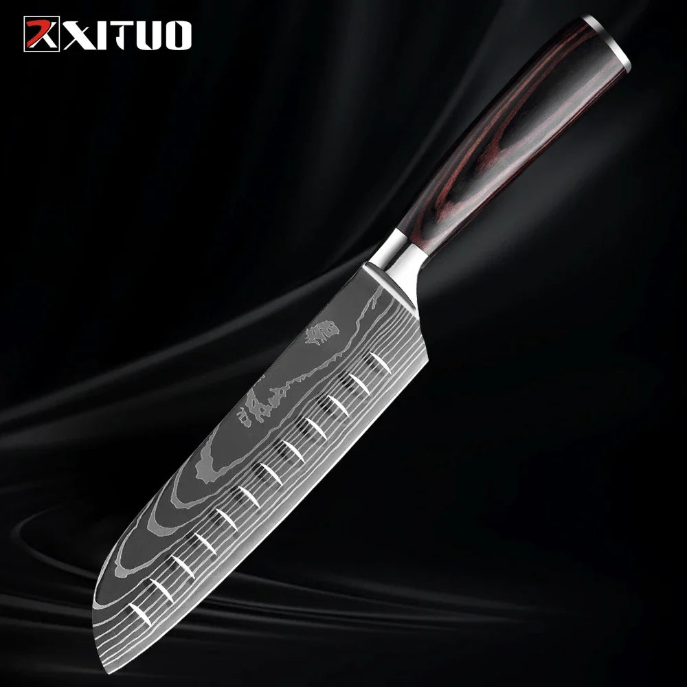 Cuchillo con patrón damasco y mango de madera de colores – vista 22