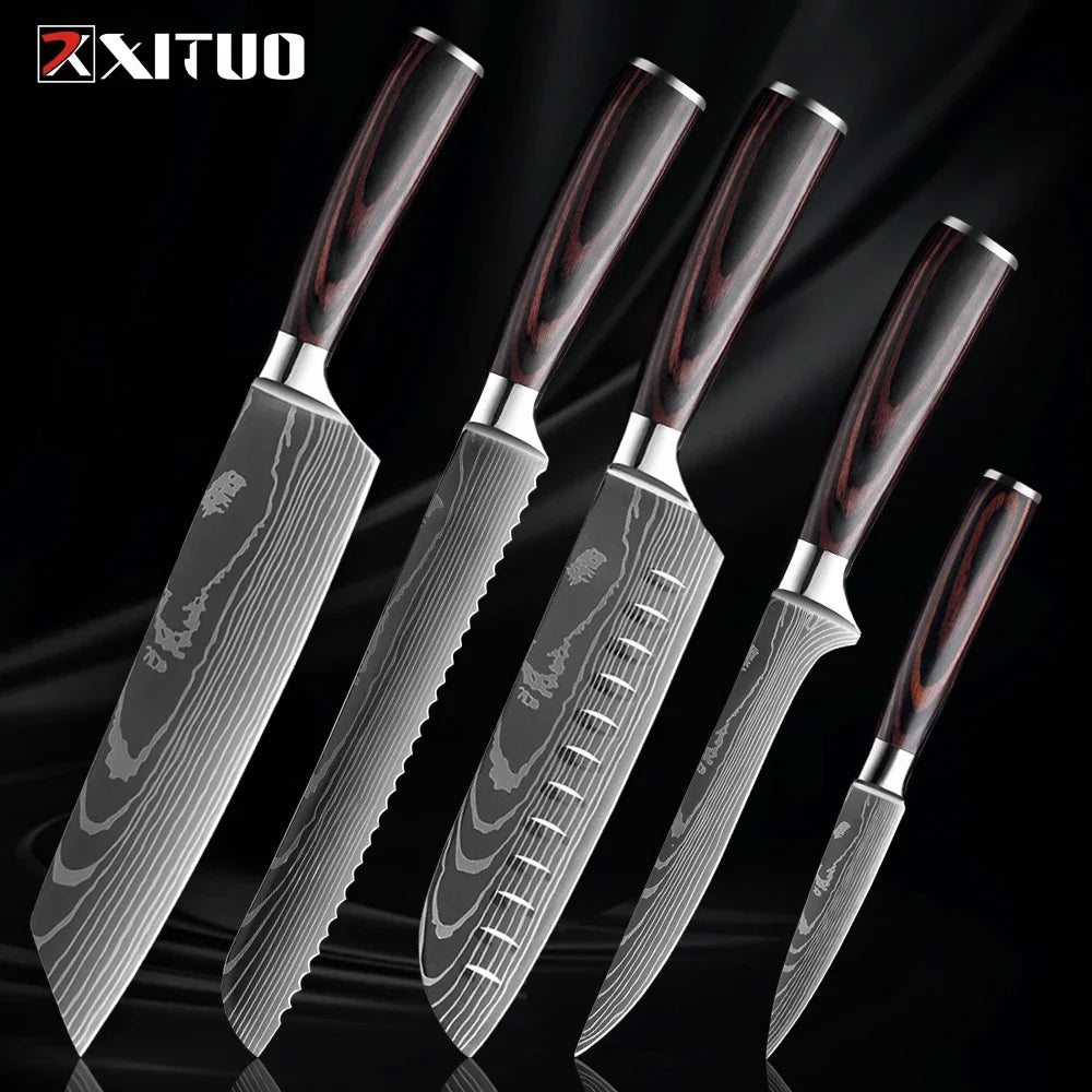 Cuchillo con patrón damasco y mango de madera de colores – vista 25