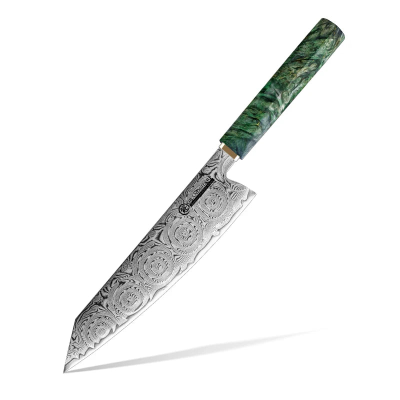 Cuchillo kiritsuke de damasco 67 capas con mango de madera verde – vista 7