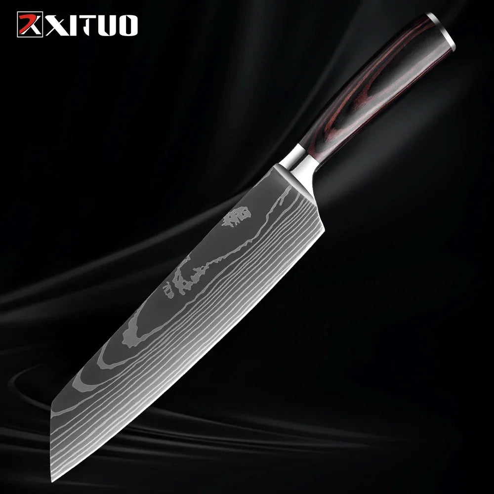 Cuchillo con patrón damasco y mango de madera de colores – vista 8