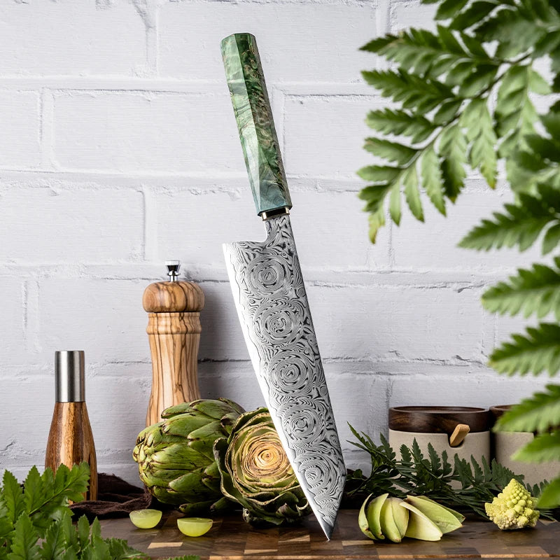 Cuchillo kiritsuke de damasco 67 capas con mango de madera verde – vista 3
