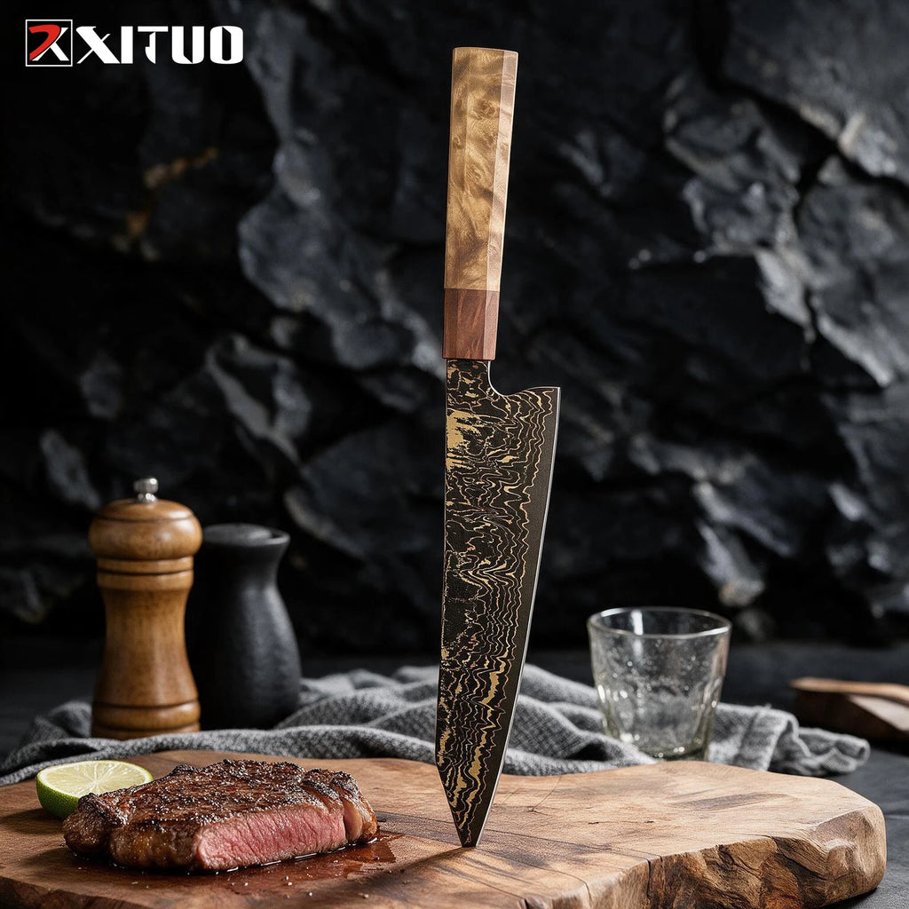 Cuchillo kiritsuke de damasco forjado 37 capas con mango de madera – vista 1