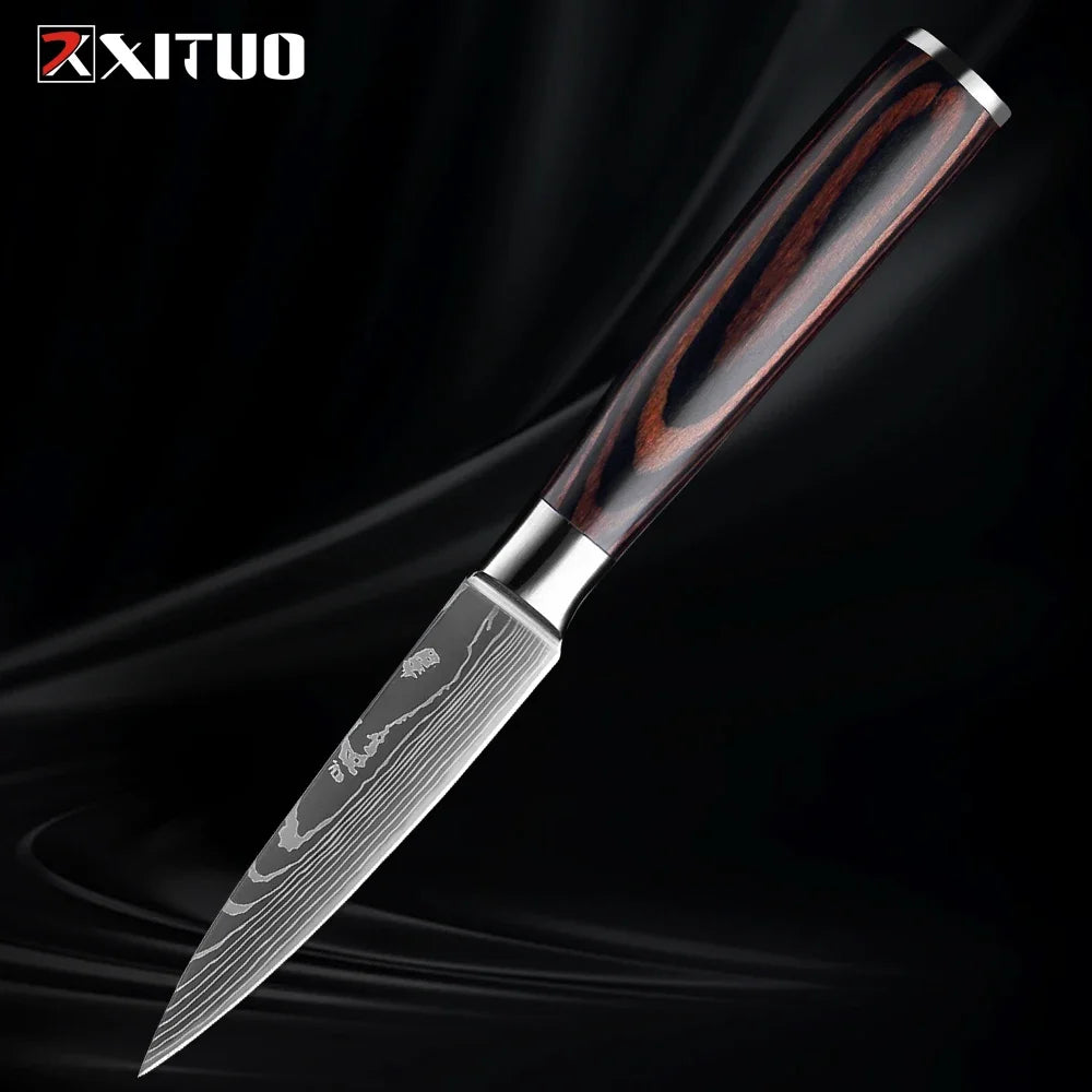 Cuchillo con patrón damasco y mango de madera de colores – vista 15