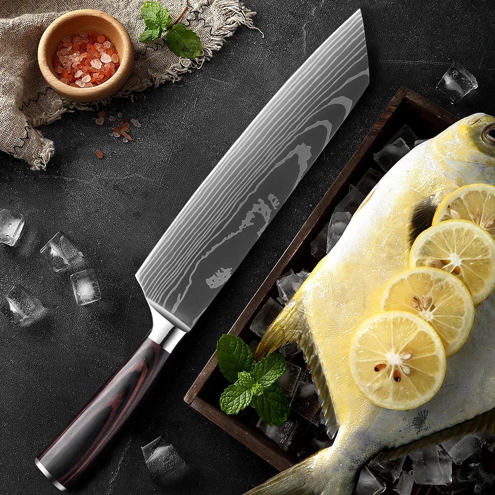 Cuchillo con patrón damasco y mango de madera de colores – vista 3