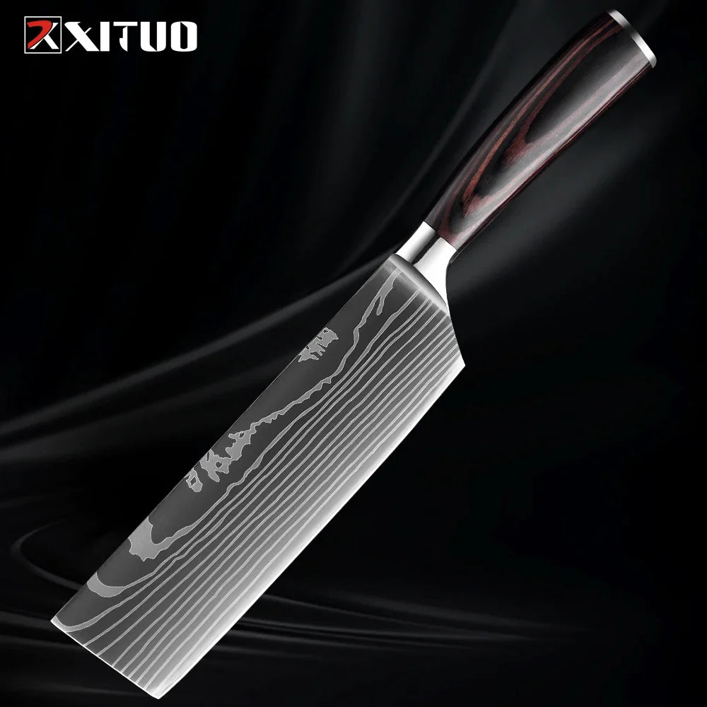 Cuchillo con patrón damasco y mango de madera de colores – vista 12