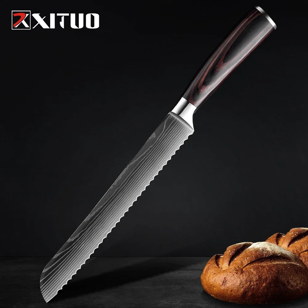 Cuchillo con patrón damasco y mango de madera de colores – vista 13