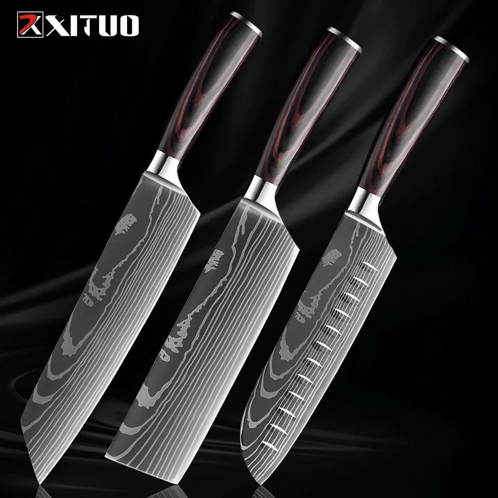 Cuchillo con patrón damasco y mango de madera de colores – vista 18