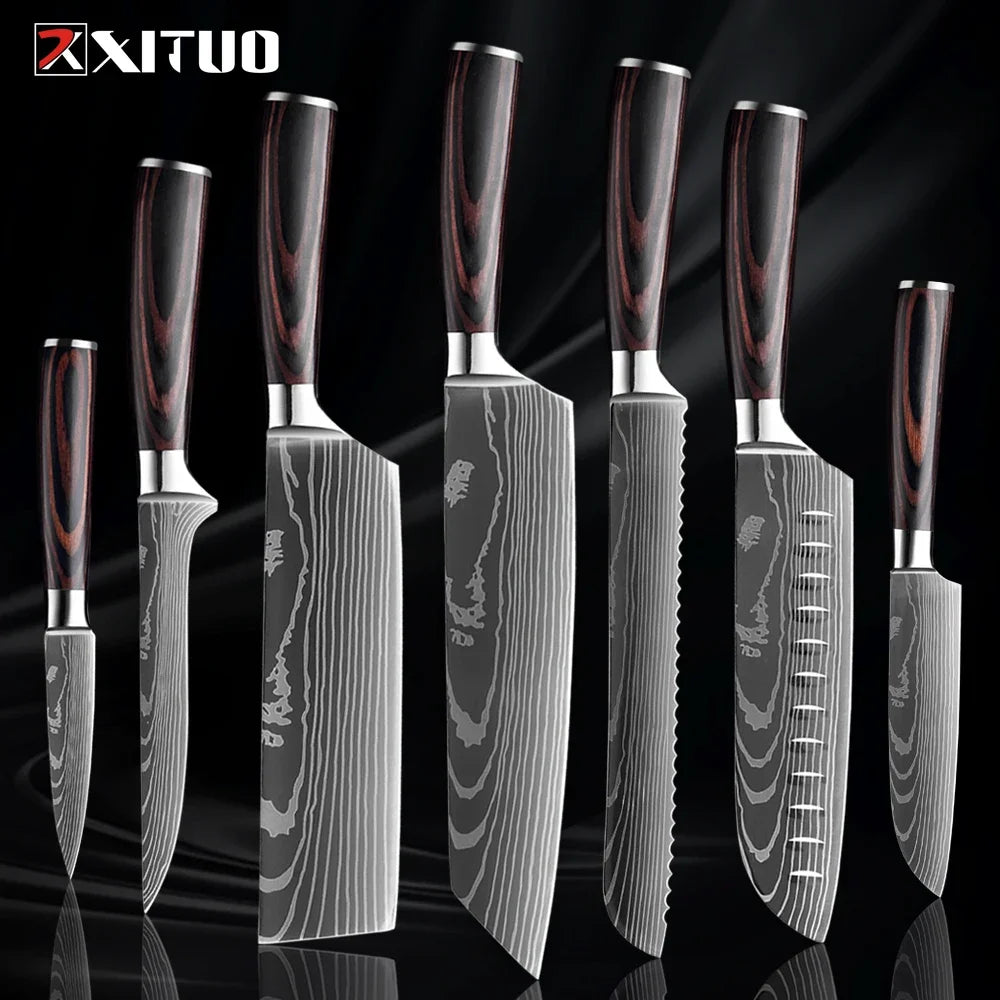 Cuchillo con patrón damasco y mango de madera de colores – vista 14