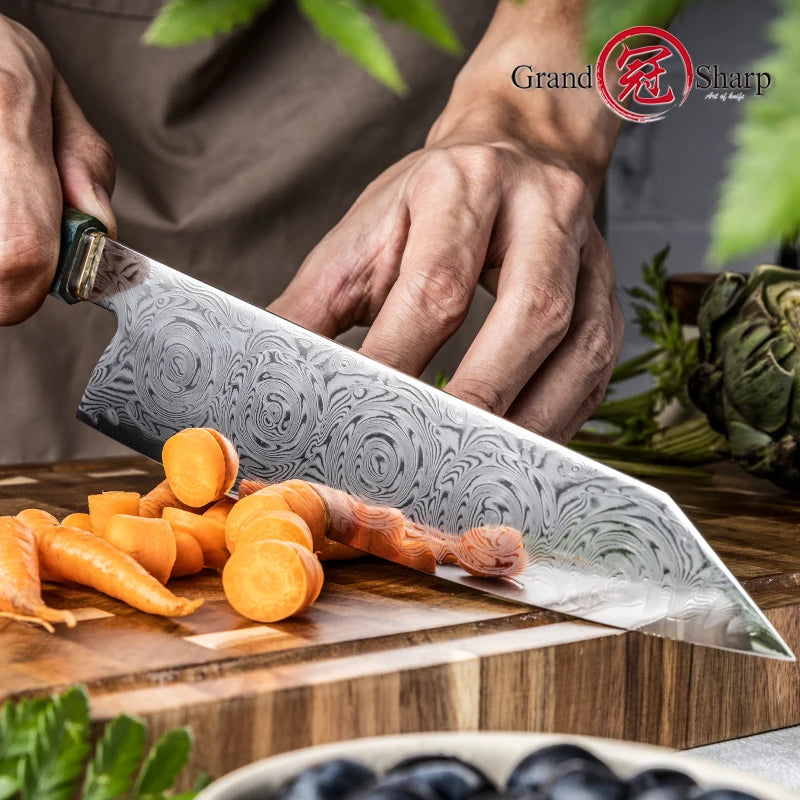 Cuchillo kiritsuke de damasco 67 capas con mango de madera verde – vista 5