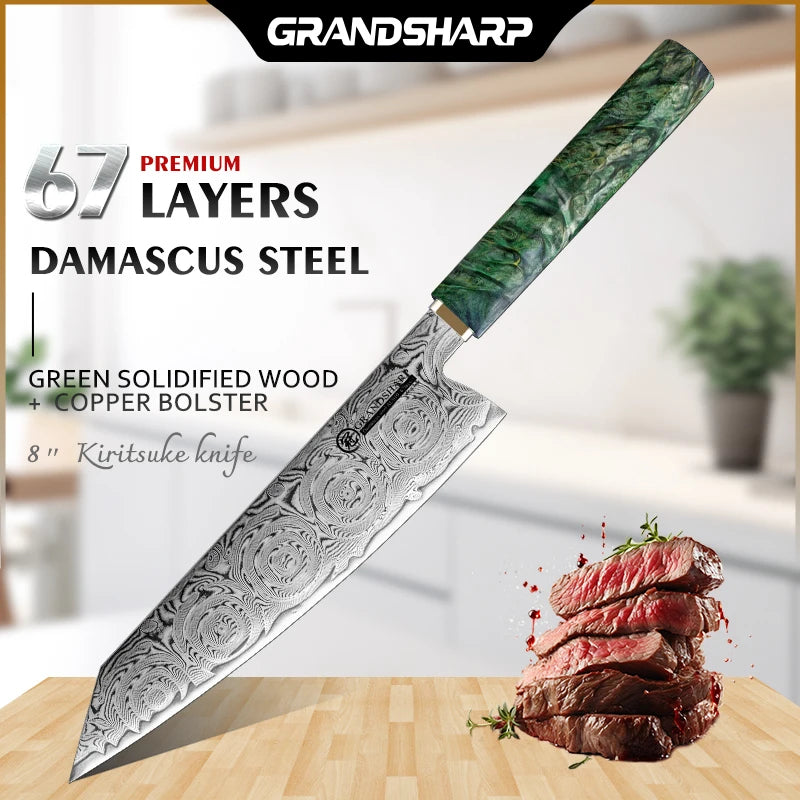 Cuchillo kiritsuke de damasco 67 capas con mango de madera verde – vista 2